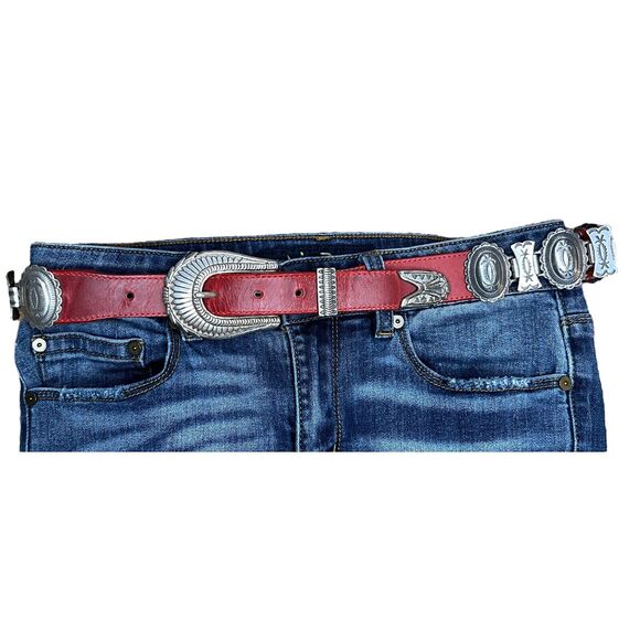 Justin VTG Concho Link Belt Womens Red Leather Silver Tone Western 532RD 37" - Picture 6 of 6